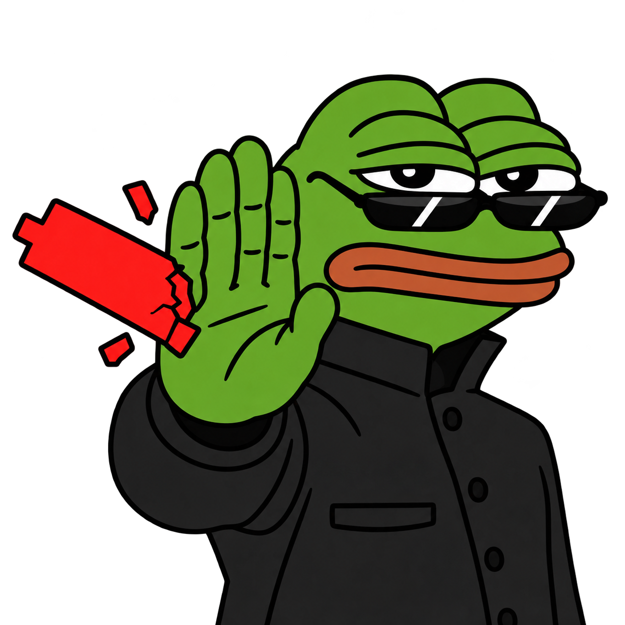 Pepe cracking a red candlestick with his raised palm